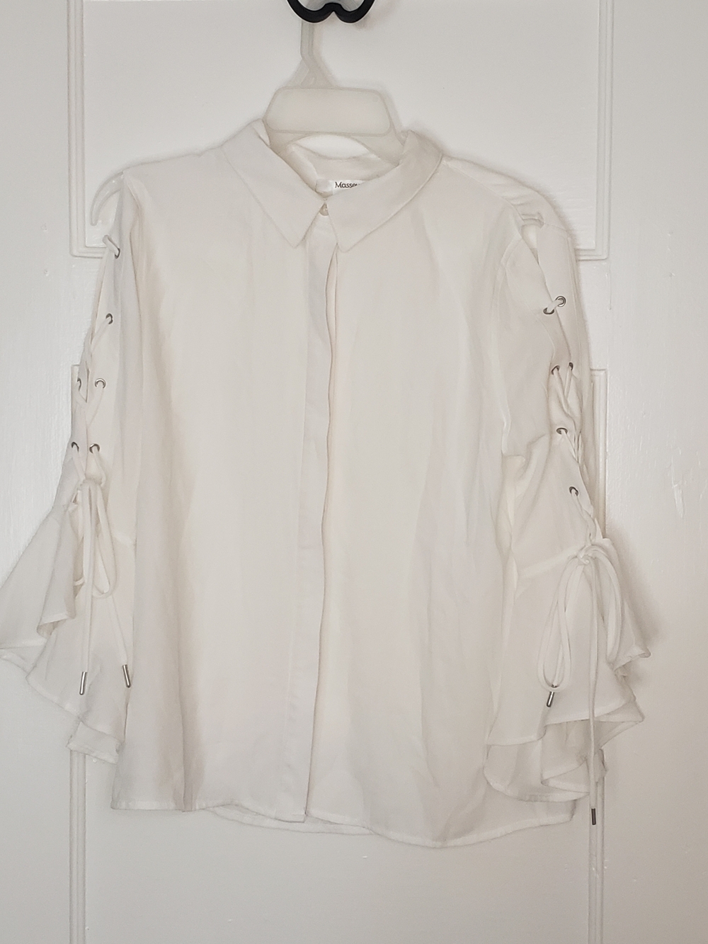 Masseys White Lace-Up Ruffle Sleeve Button-Front Blouse